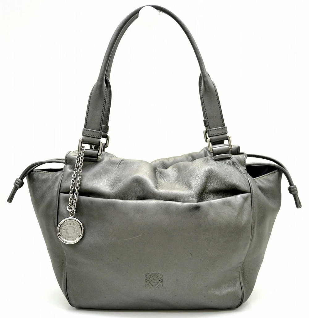 Loewe Anagram Shoulder Bag Handbag Metallic Leather Green Gray